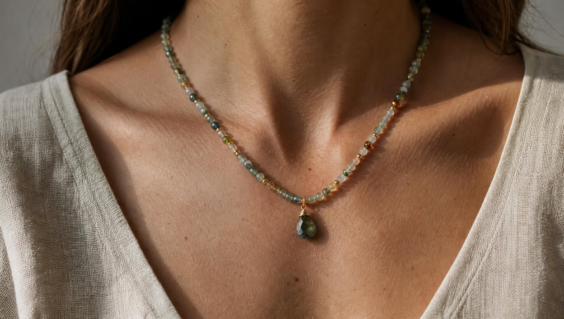 Moonstone and crystal necklace worn over a soft neutral knit
