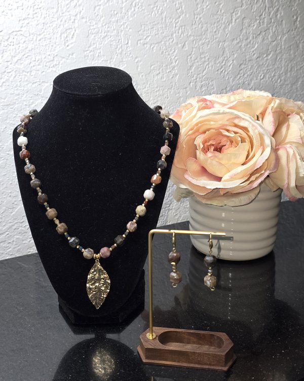 Petrified Wood & Pietersite Statement Necklace with Gold Leaf Pendant and Matching Earrings