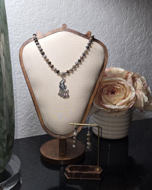 Agate & Silver Moon Charm Necklace Set